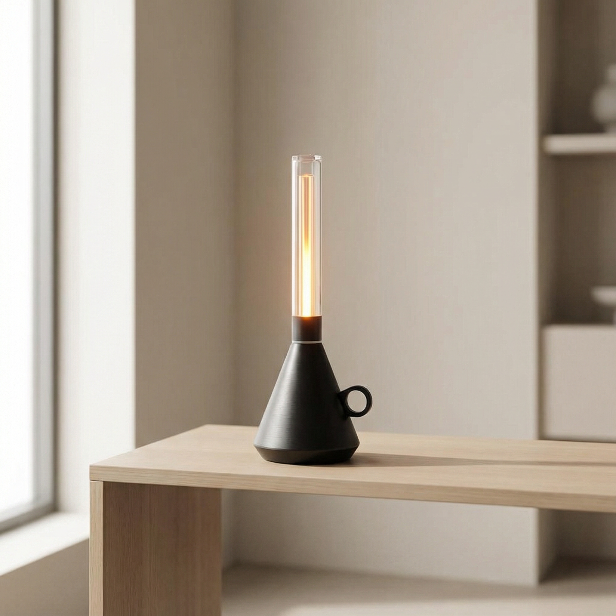 Modern black table lamp on a wooden surface with a neutral background