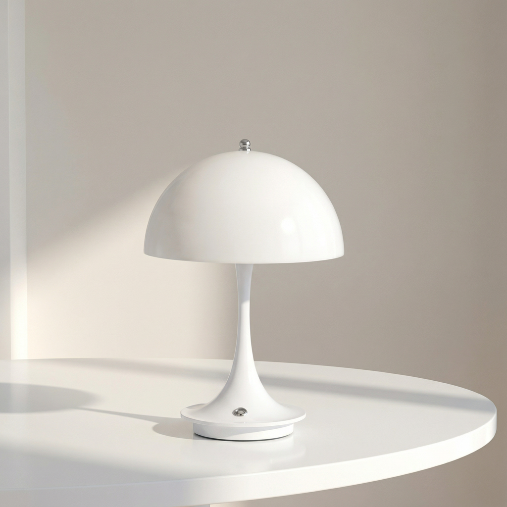 White table lamp on a round white surface with a neutral background