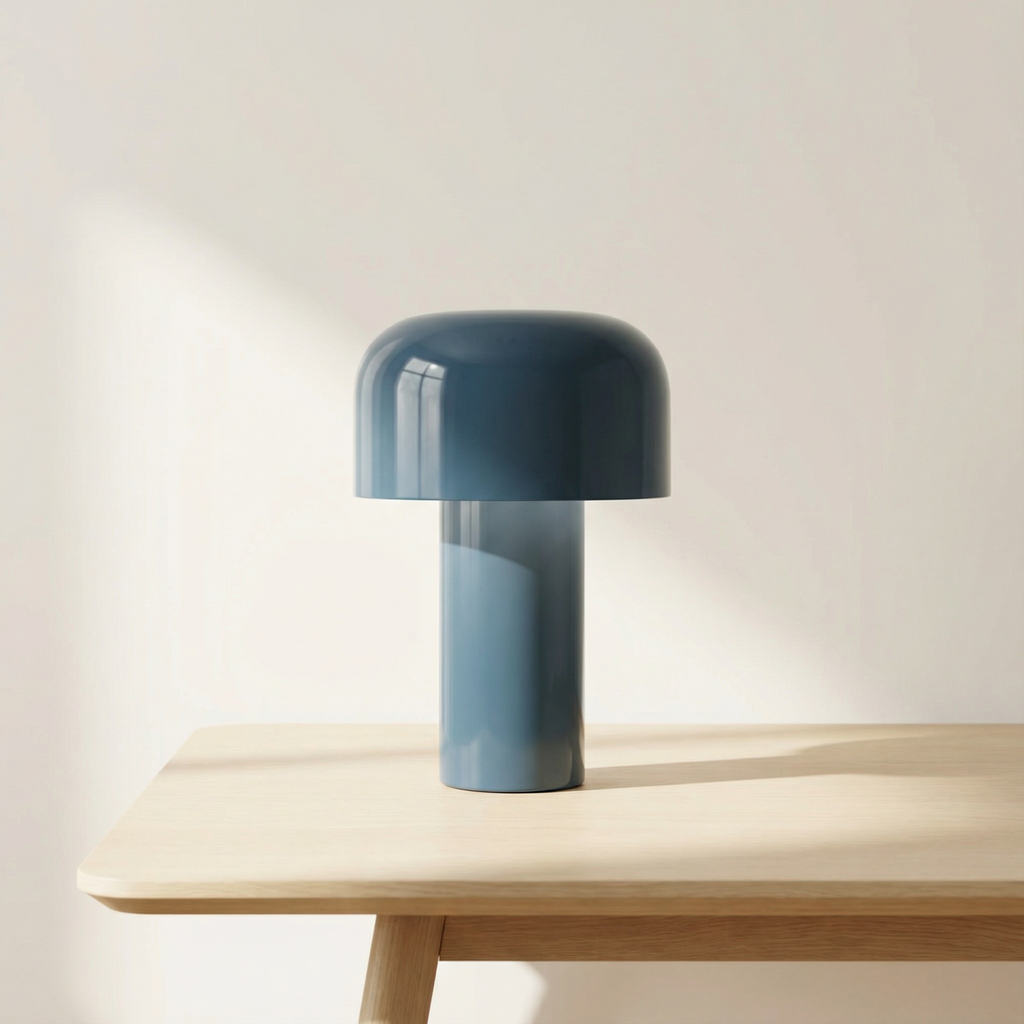 Blue lamp on a wooden table with a plain background